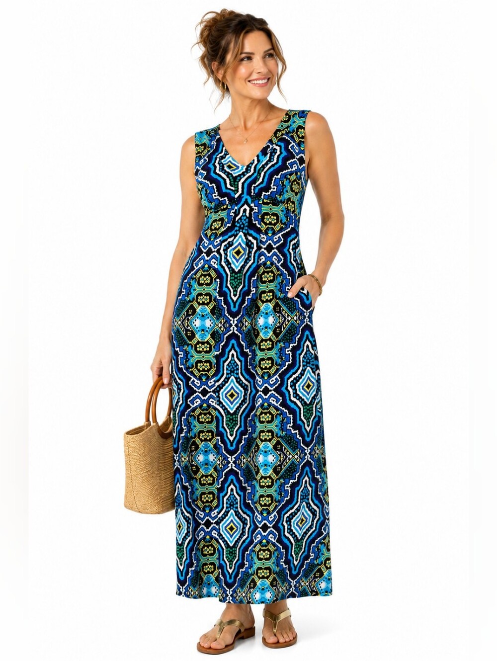 Chico's Maxi Dress Size 1 M Blue Geometric Sleeveless Stretch V-Neck